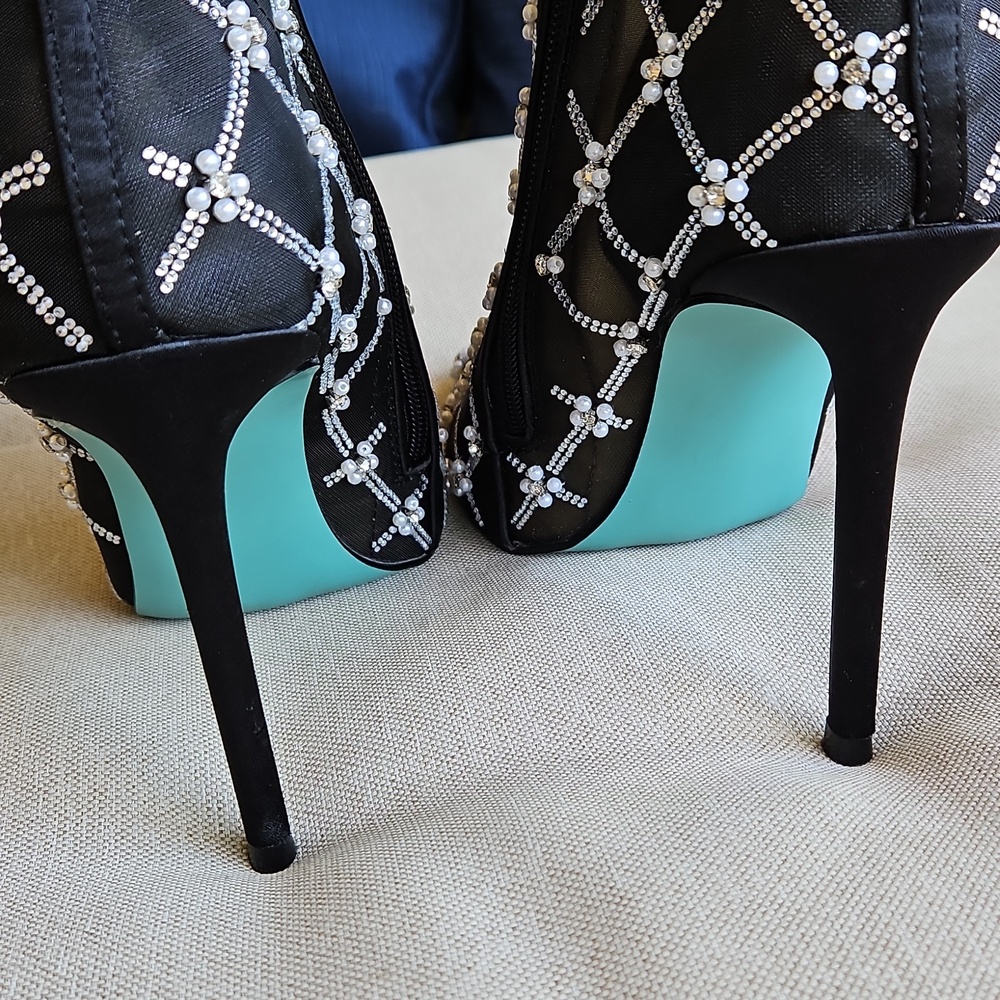 FINAL PRICE/ LAST ONE Betsey Johnson Larkk Black Latice Embelished Sheer Booties - Picture 6 of 12